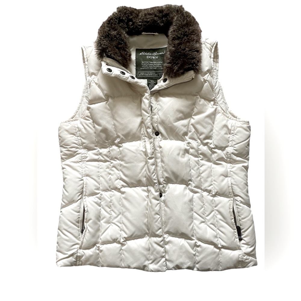 Eddie Bauer Quilted Goose Down Puffer Vest Jacket Cream Faux Fur Size Small